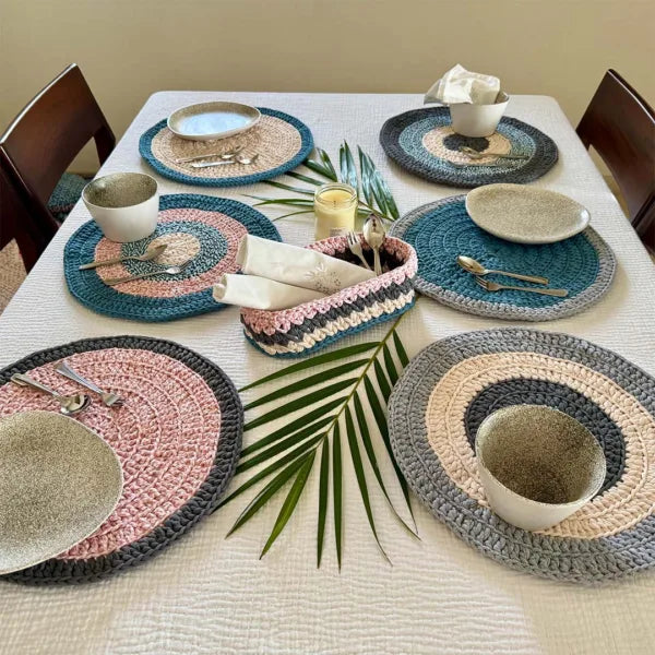 Image of Set of 6 Round Crochet Placemats / Dining Mats Blue, Pink, Grey, Off white