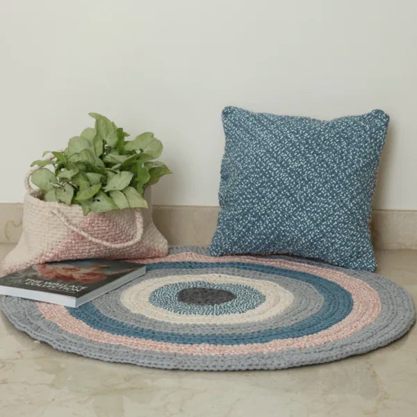 Image of Round Crochet Floor Rug Blue Pink Grey Off White