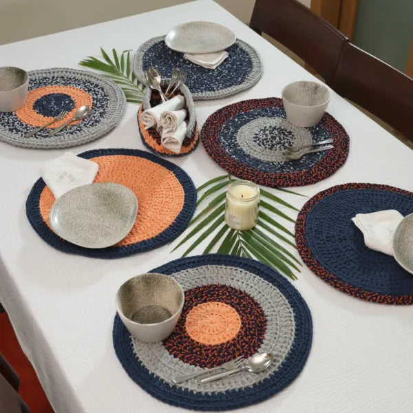 Image of Set of 6 Round Crochet Placemats / Dining Mats Peach Navy Grey Premium