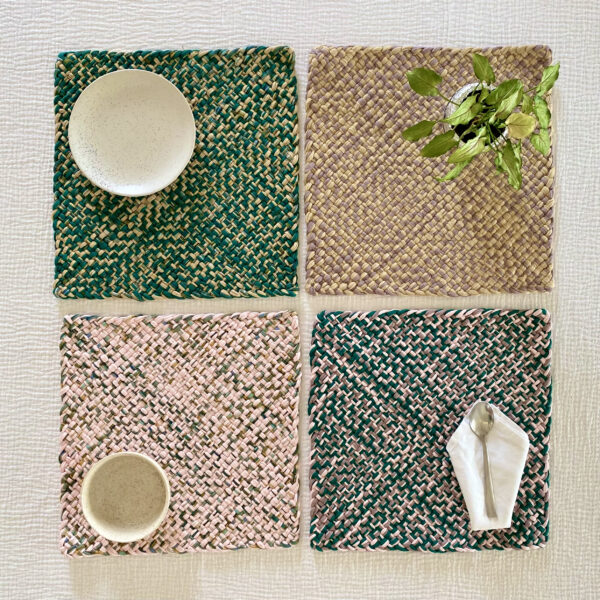 Image of Set of 4 Hand-Woven Square Placemats / Dining Mats Green Blush Light Pink