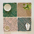Set of 4 Hand-Woven Square Placemats / Dining Mats Green Blush Light Pink