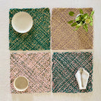 Set of 4 Hand-Woven Square Placemats / Dining Mats Green Blush Light Pink