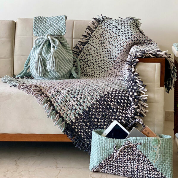Image of Tassel Floor Rug / Throw Mint Teal Charcoal Light Grey