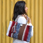 Macrame Tote Medium Size Brown Maroon White Navy Shoulder and Hand carry