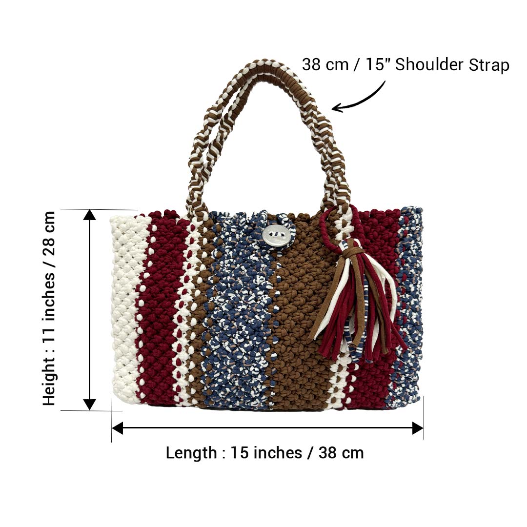Image of Macrame Tote Medium Size Brown Maroon White Navy Shoulder and Hand carry
