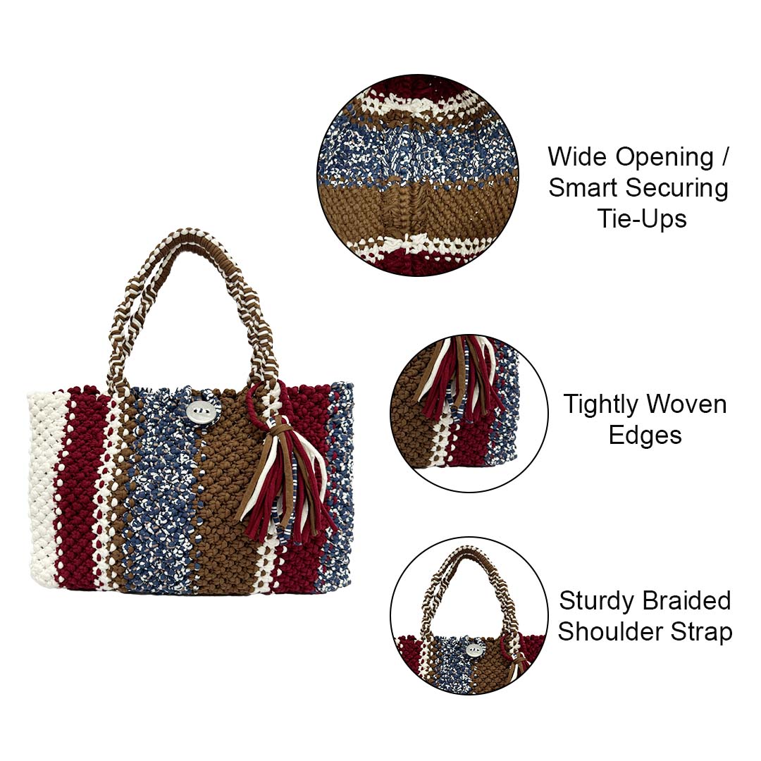 Image of Macrame Tote Medium Size Brown Maroon White Navy Shoulder and Hand carry