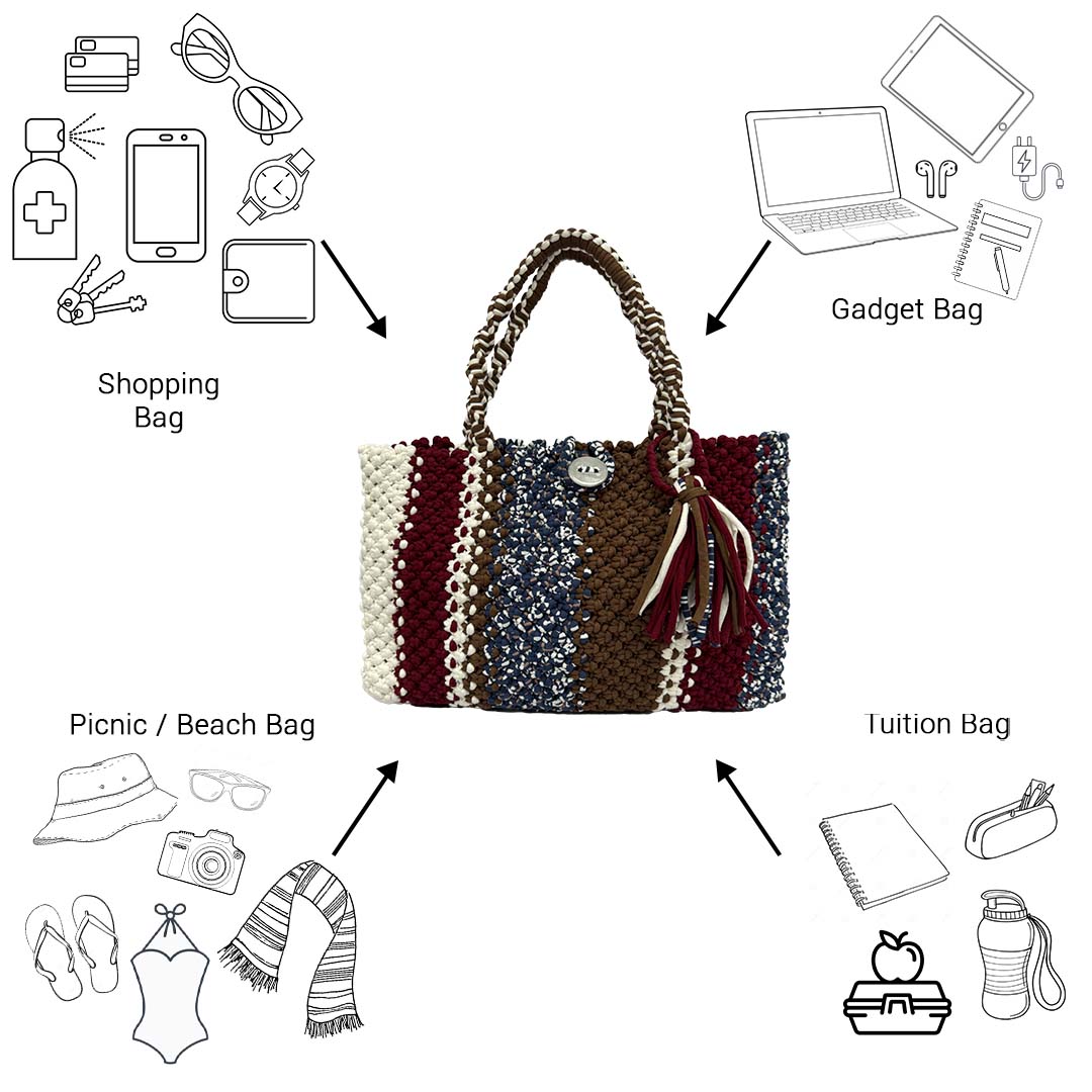 Image of Macrame Tote Medium Size Brown Maroon White Navy Shoulder and Hand carry