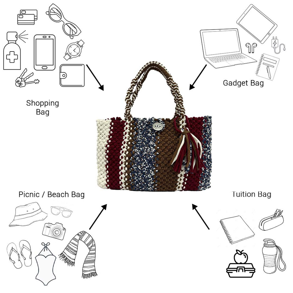 Macrame Tote Medium Size Brown Maroon White Navy Shoulder and Hand carry