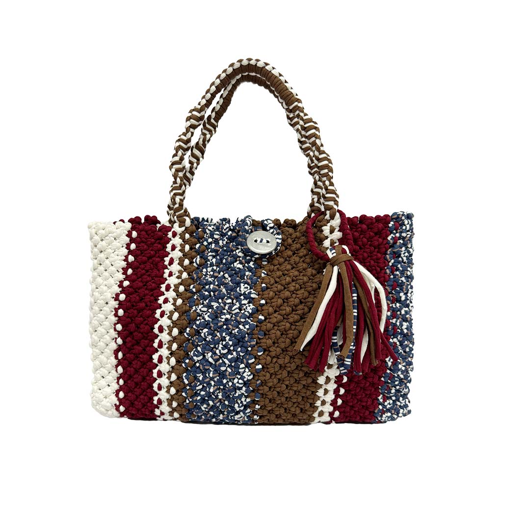 Image of Macrame Tote Medium Size Brown Maroon White Navy Shoulder and Hand carry