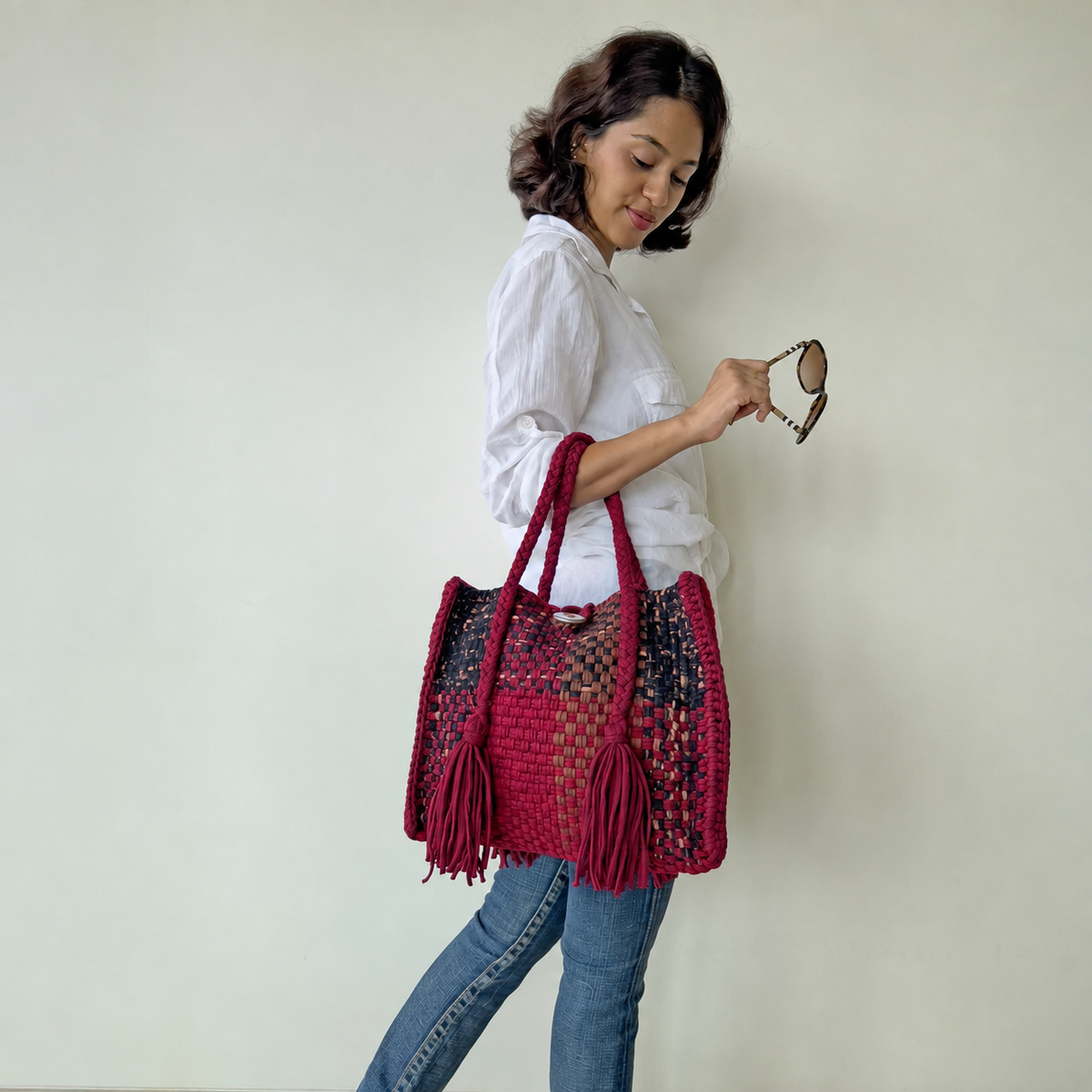 Oversized Tote / Hand / Shoulder Carry Maroon Black Brown