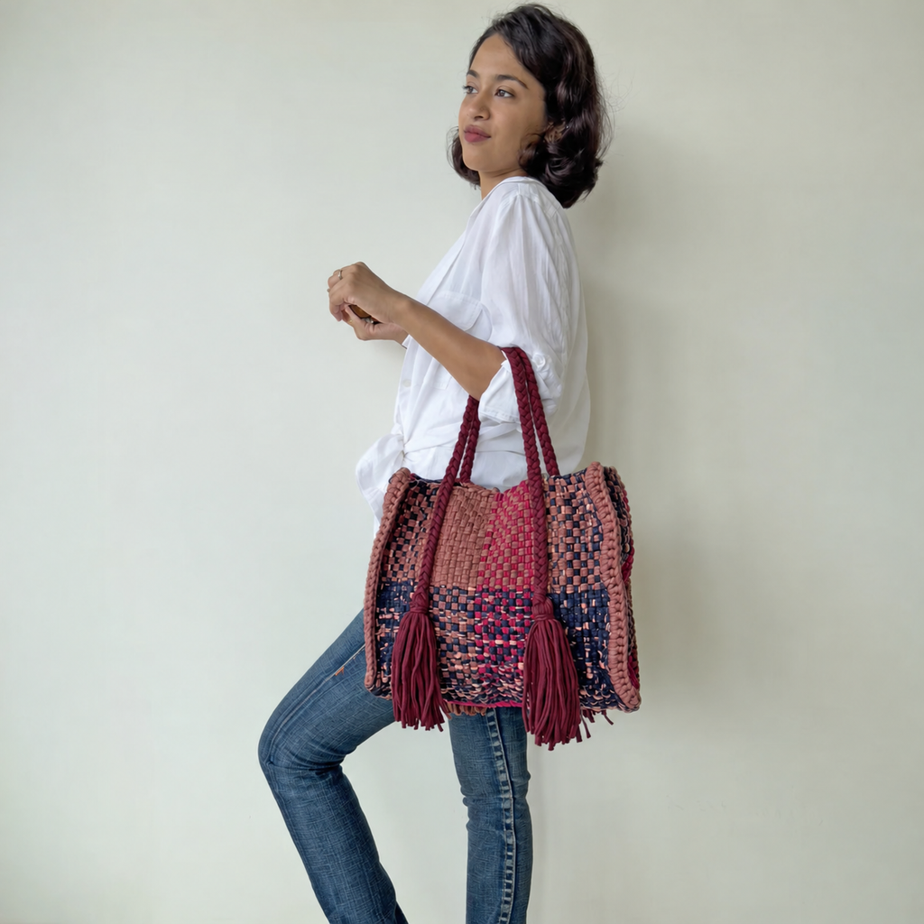 Oversized Tote / Hand / Shoulder Carry Maroon Black Brown