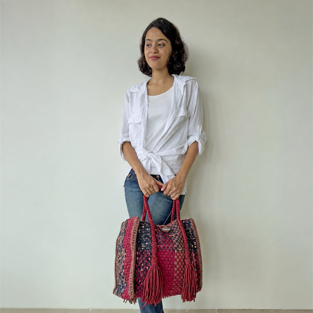 Oversized Tote / Hand / Shoulder Carry Maroon Black Brown