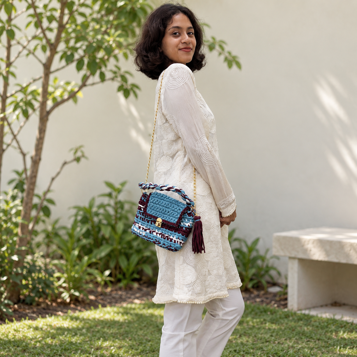 Crochet Purse | Burgundy-Blue-White / Hand or Shoulder Carry