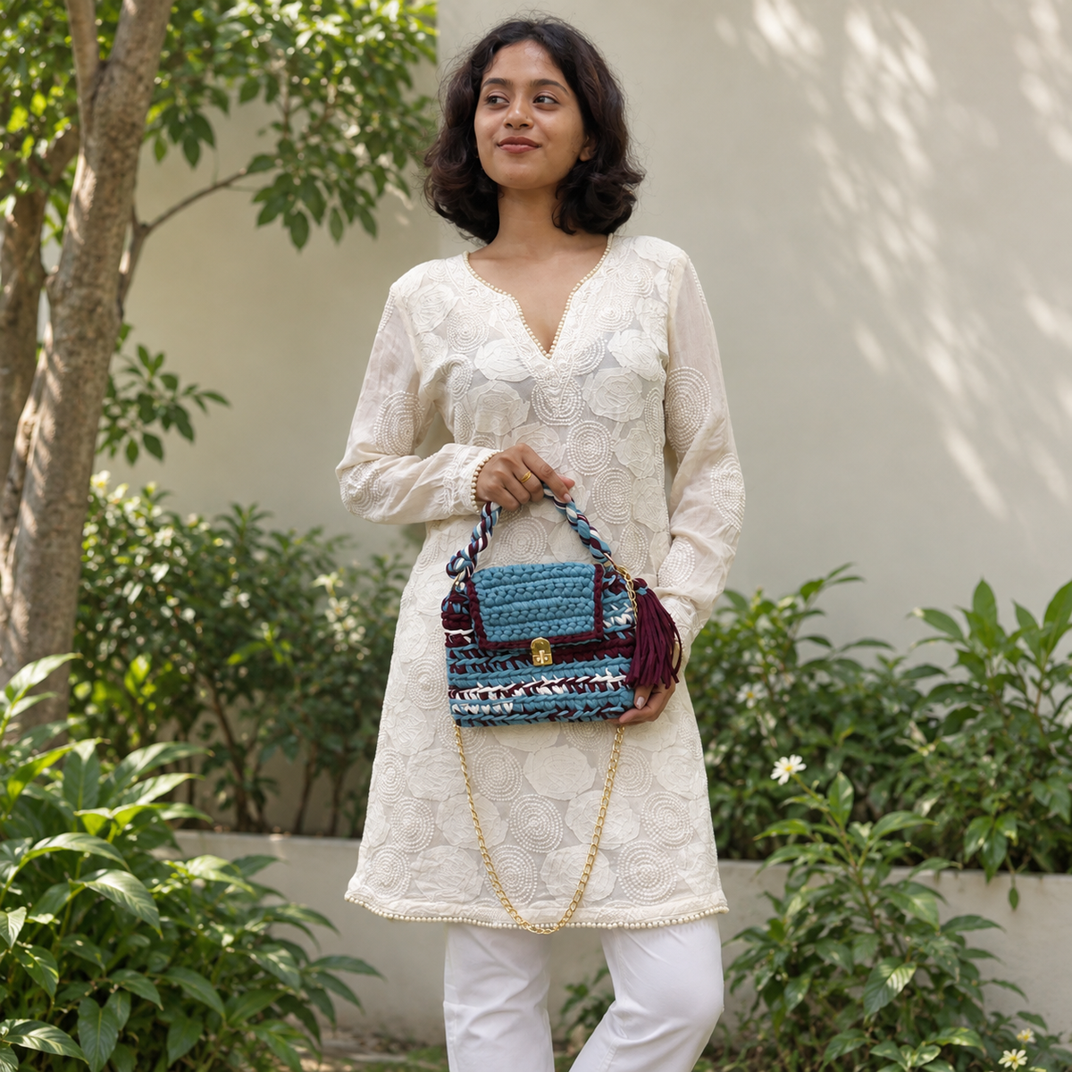 Crochet Purse | Burgundy-Blue-White / Hand or Shoulder Carry