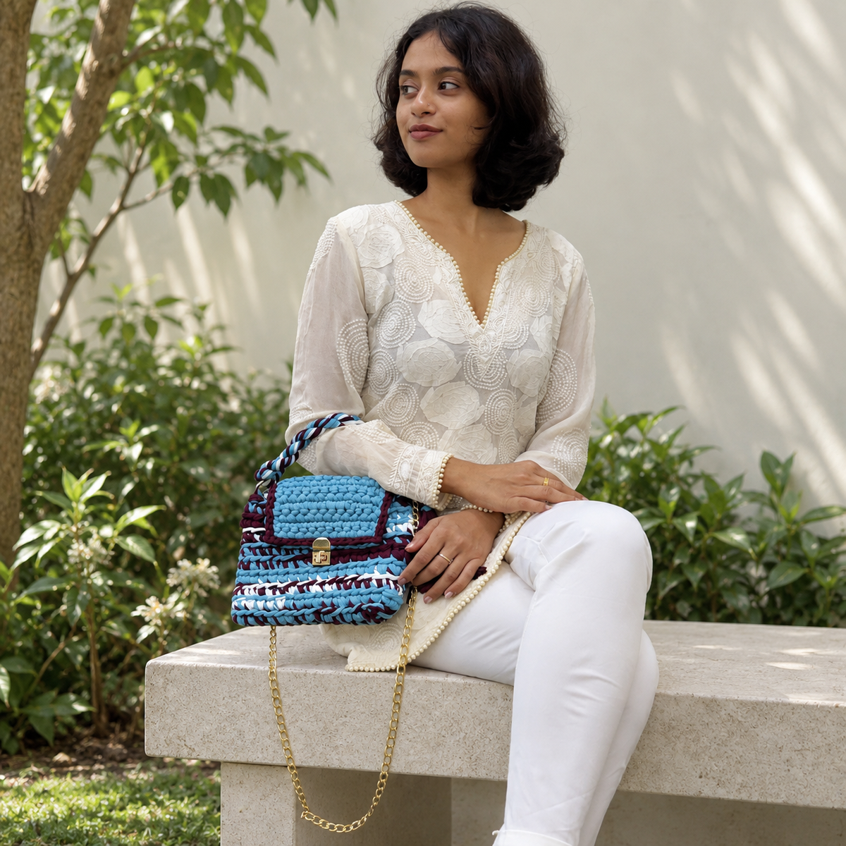 Crochet Purse | Burgundy-Blue-White / Hand or Shoulder Carry