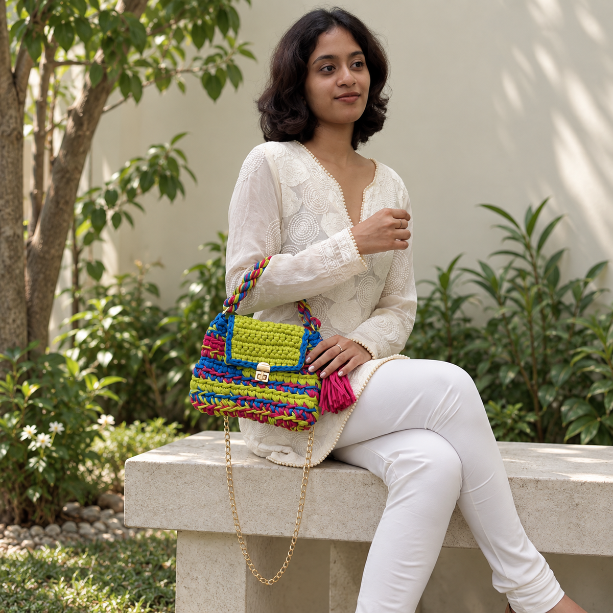 Crochet Purse | Lime-Green-Blue-Fuscia / Hand or Shoulder Carry