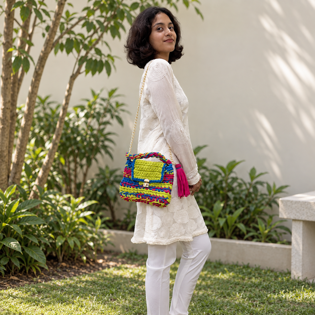 Crochet Purse | Lime-Green-Blue-Fuscia / Hand or Shoulder Carry