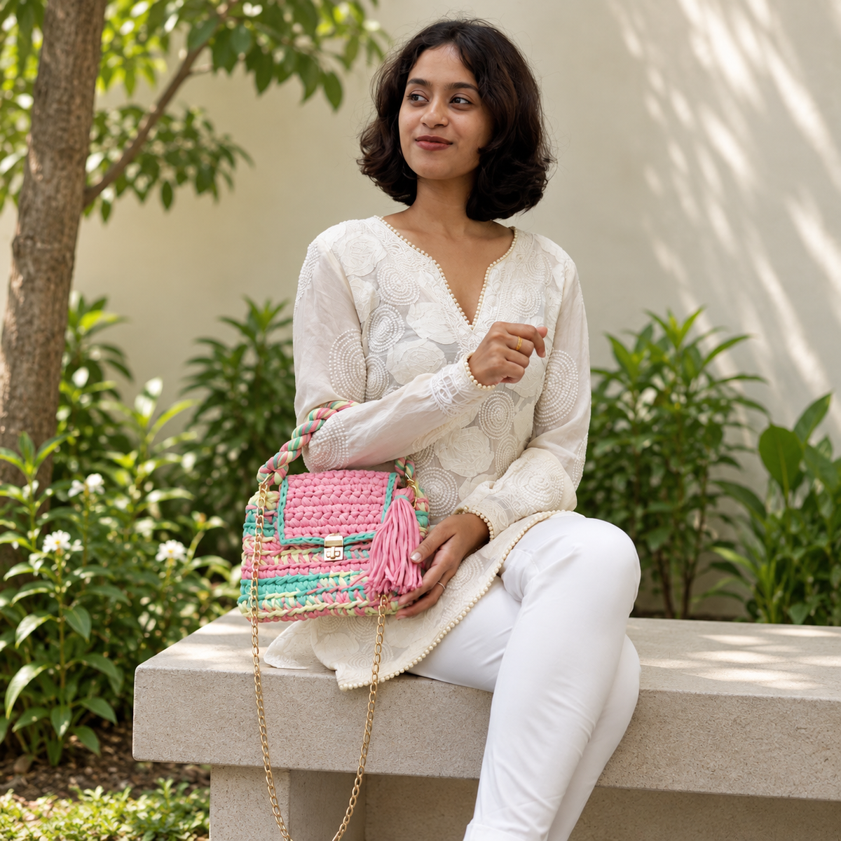 Crochet Purse | Pink-Lime-Green / Hand or Shoulder Carry