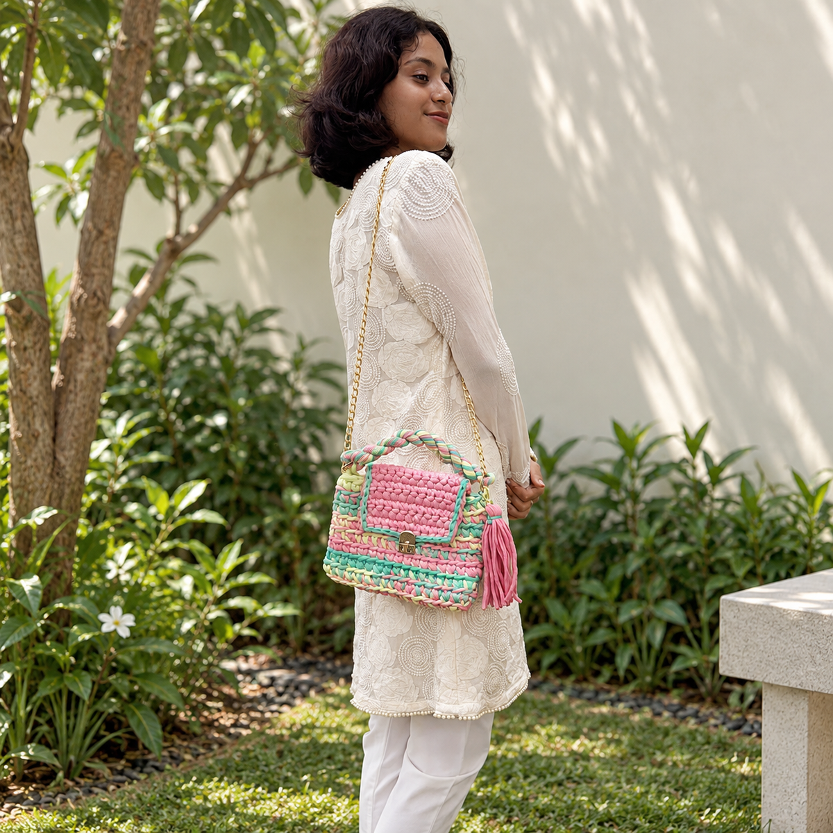 Crochet Purse | Pink-Lime-Green / Hand or Shoulder Carry