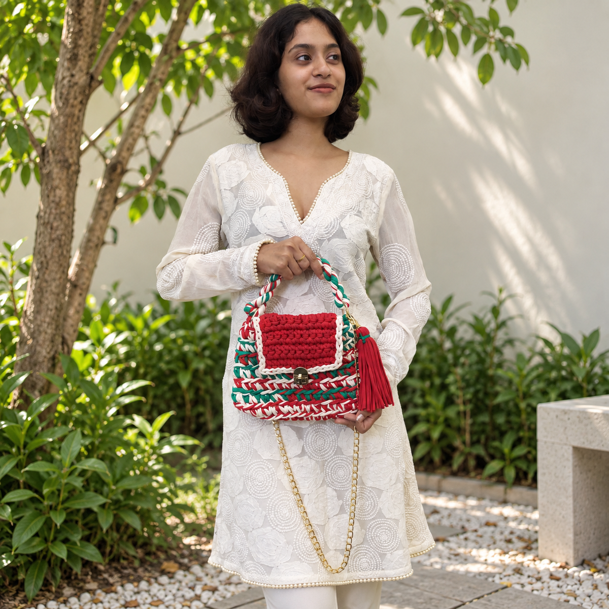 Crochet Purse | Red-Green-White / Hand or Shoulder Carry