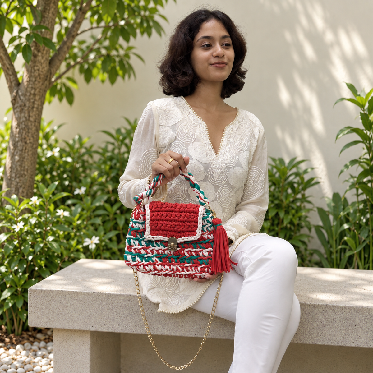 Crochet Purse | Red-Green-White / Hand or Shoulder Carry