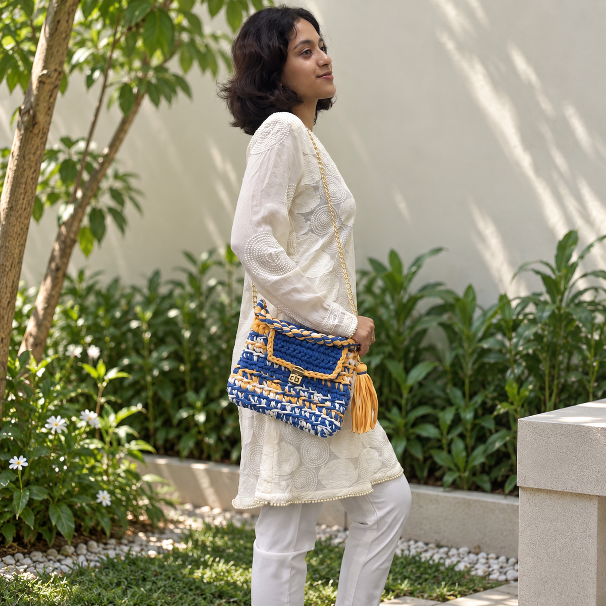 Crochet Purse | Royal Blue-Light Orange / Hand or Shoulder Carry