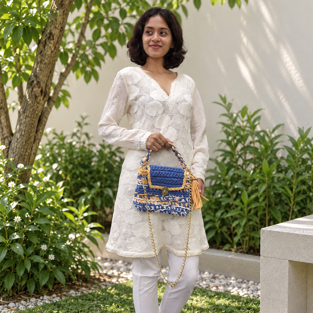 Crochet Purse | Royal Blue-Light Orange / Hand or Shoulder Carry