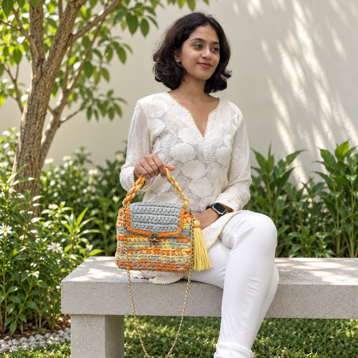 Crochet Purse | Sage-Yellow-Orange / Hand or Shoulder Carry