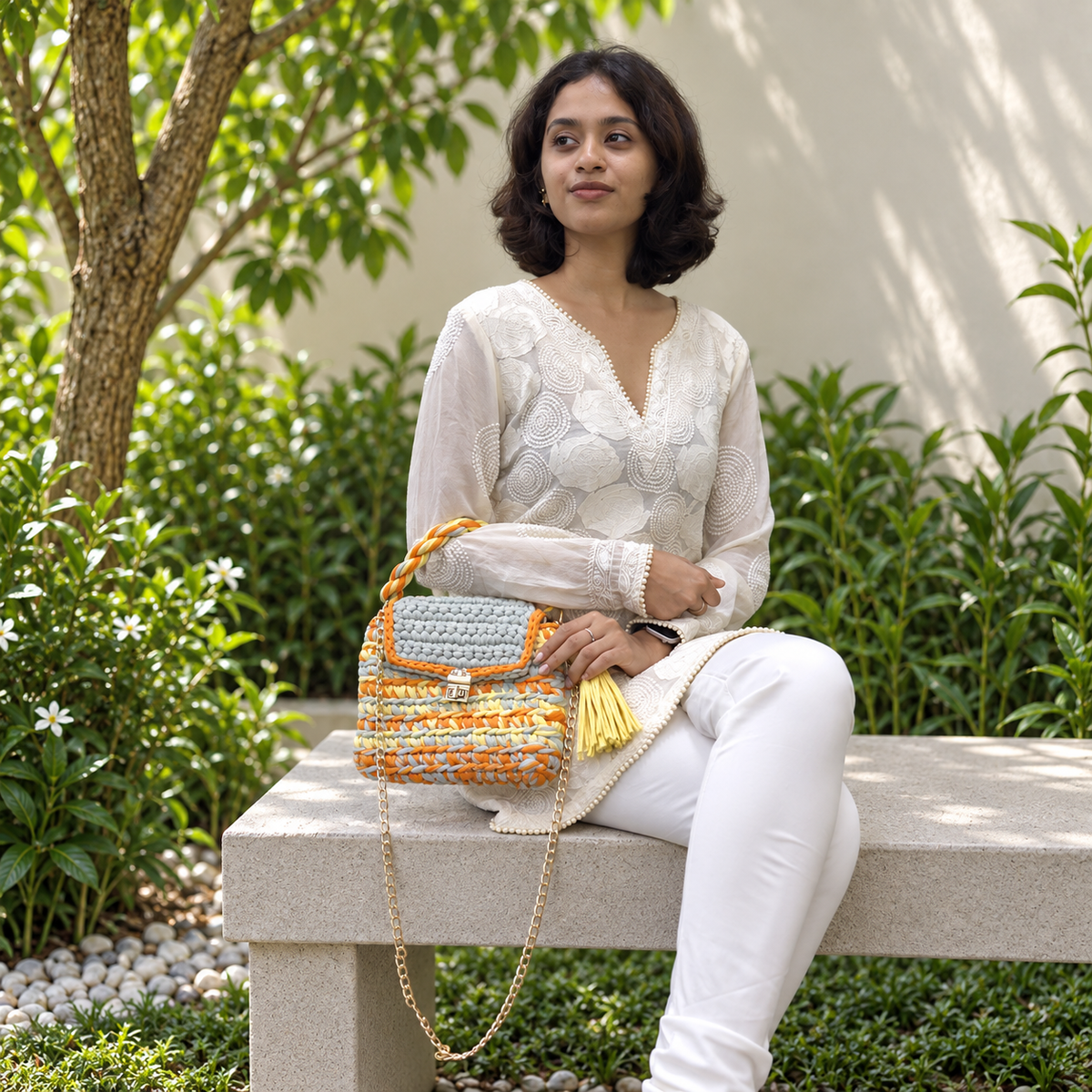 Crochet Purse | Sage-Yellow-Orange / Hand or Shoulder Carry