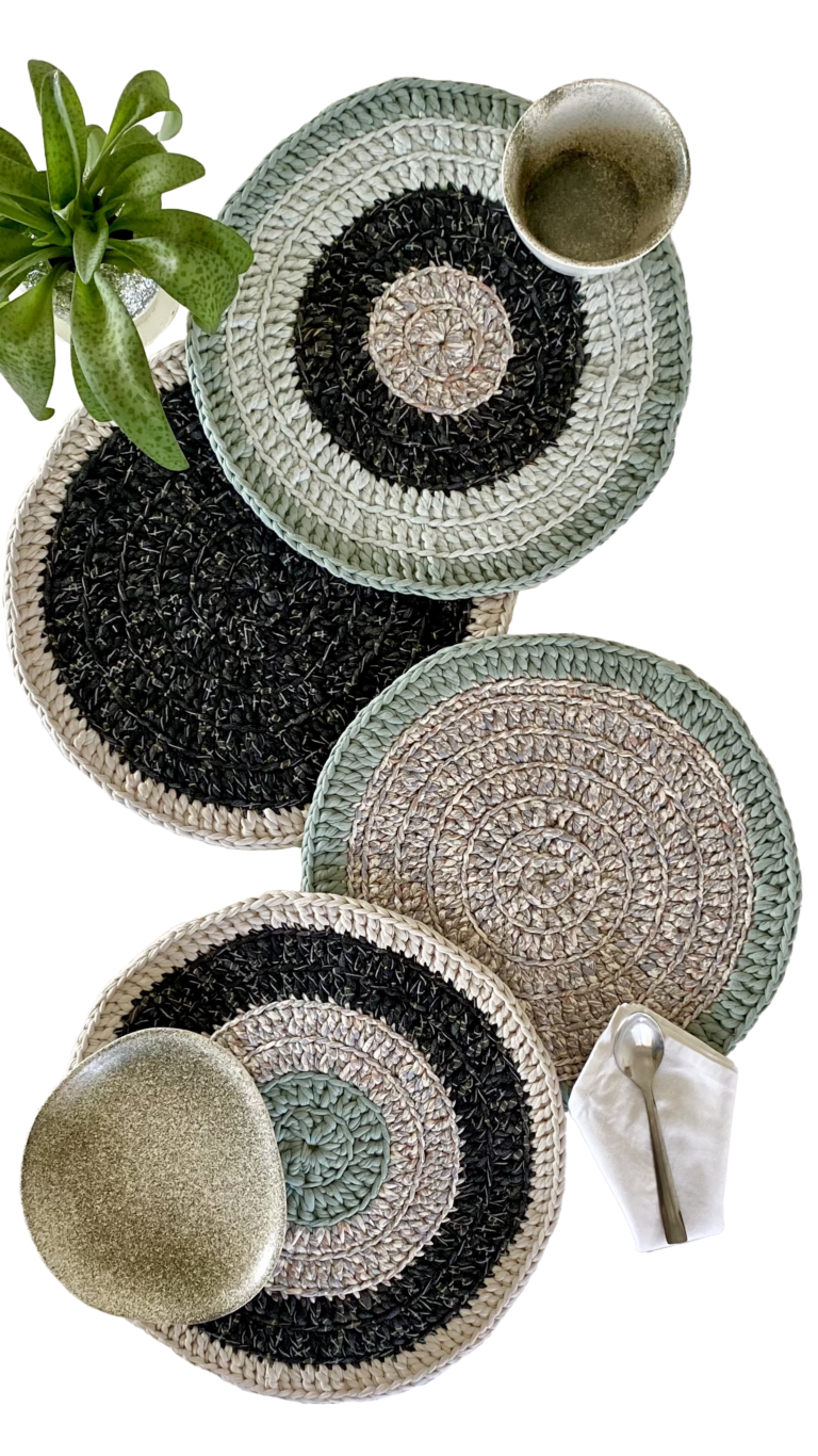 Image of Set of 4 Round Crochet Placemats / Dining Mats Teal Green Grey Charcoal
