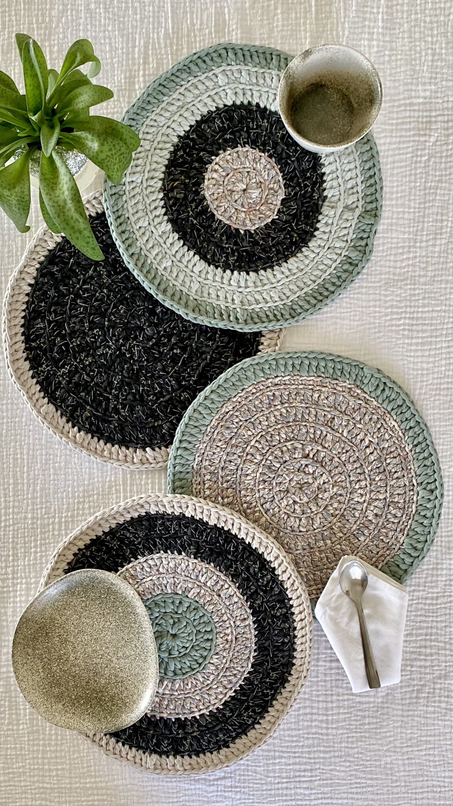 Image of Set of 4 Round Crochet Placemats / Dining Mats Teal Green Grey Charcoal