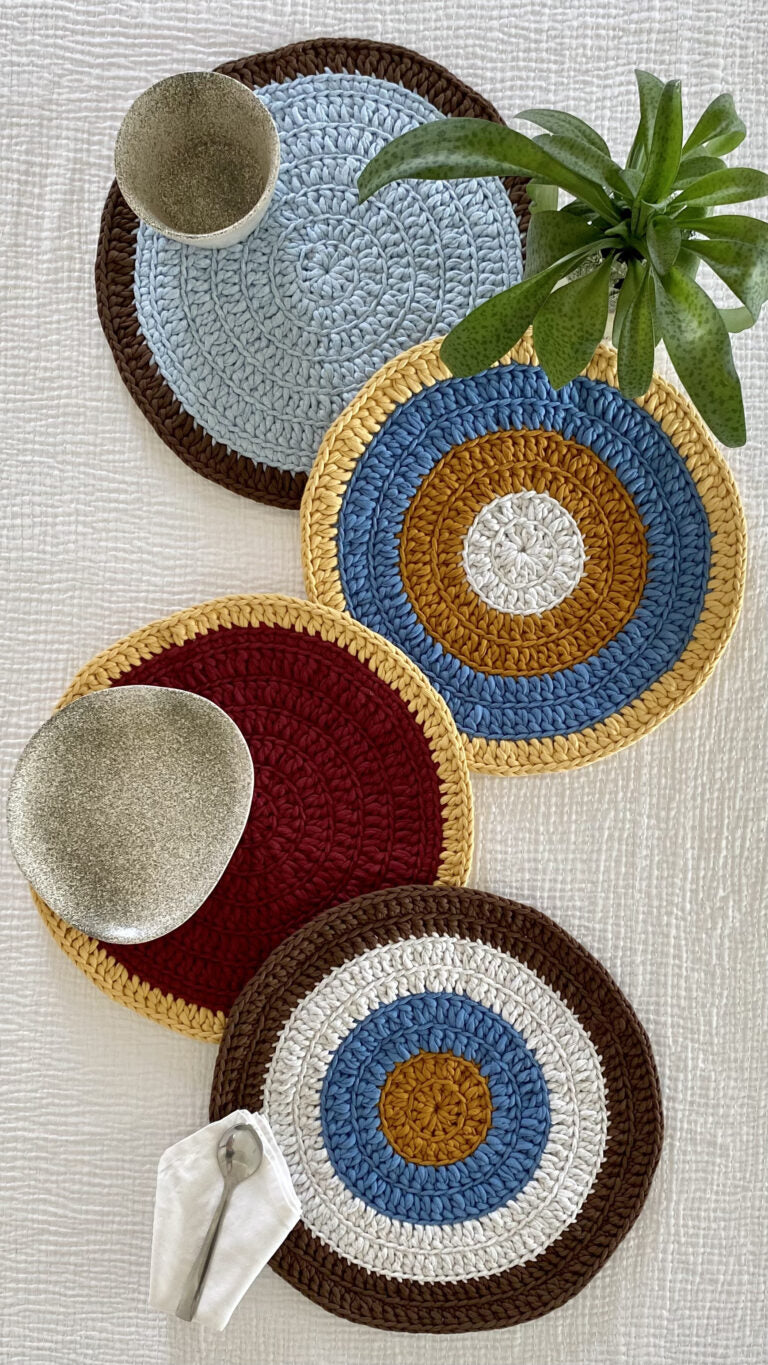 Image of Set of 4 Round Crochet Placemats / Dining Mats Blue Maroon Mustard Light Grey