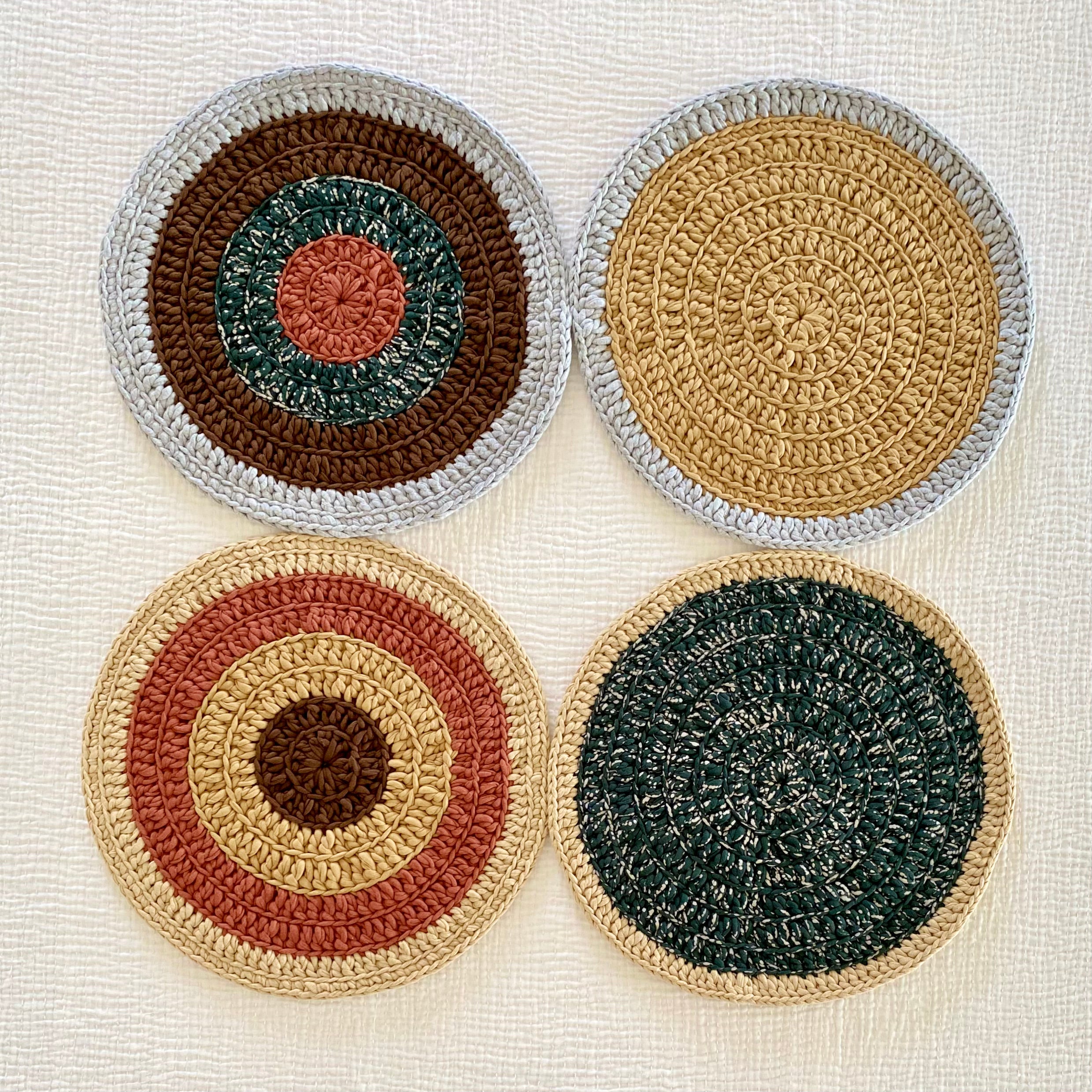 Image of Set of 4 Round Crochet Placemats / Dining Mats Brown Green Light Grey