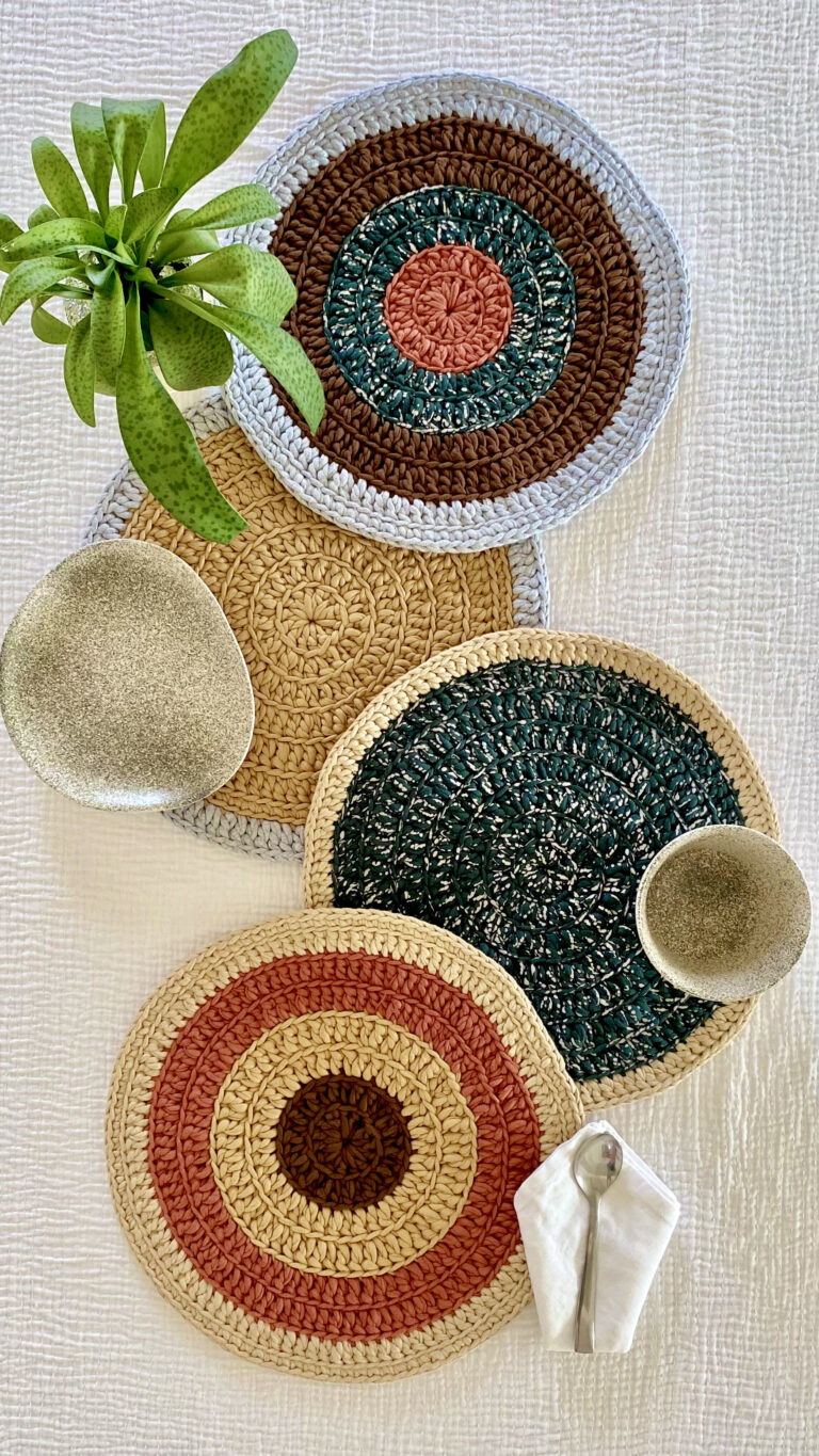 Image of Set of 4 Round Crochet Placemats / Dining Mats Brown Green Light Grey