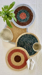 Set of 4 Round Crochet Placemats / Dining Mats Brown Green Light Grey