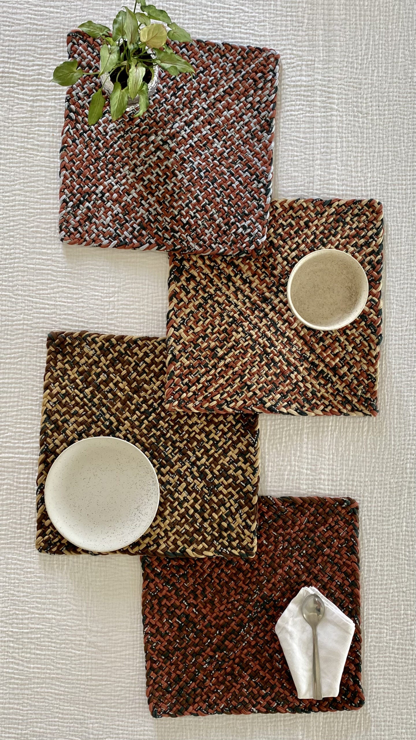 Image of Hand-Woven Set of 4 Square Placemats / Dining Mats Brown Beige Green