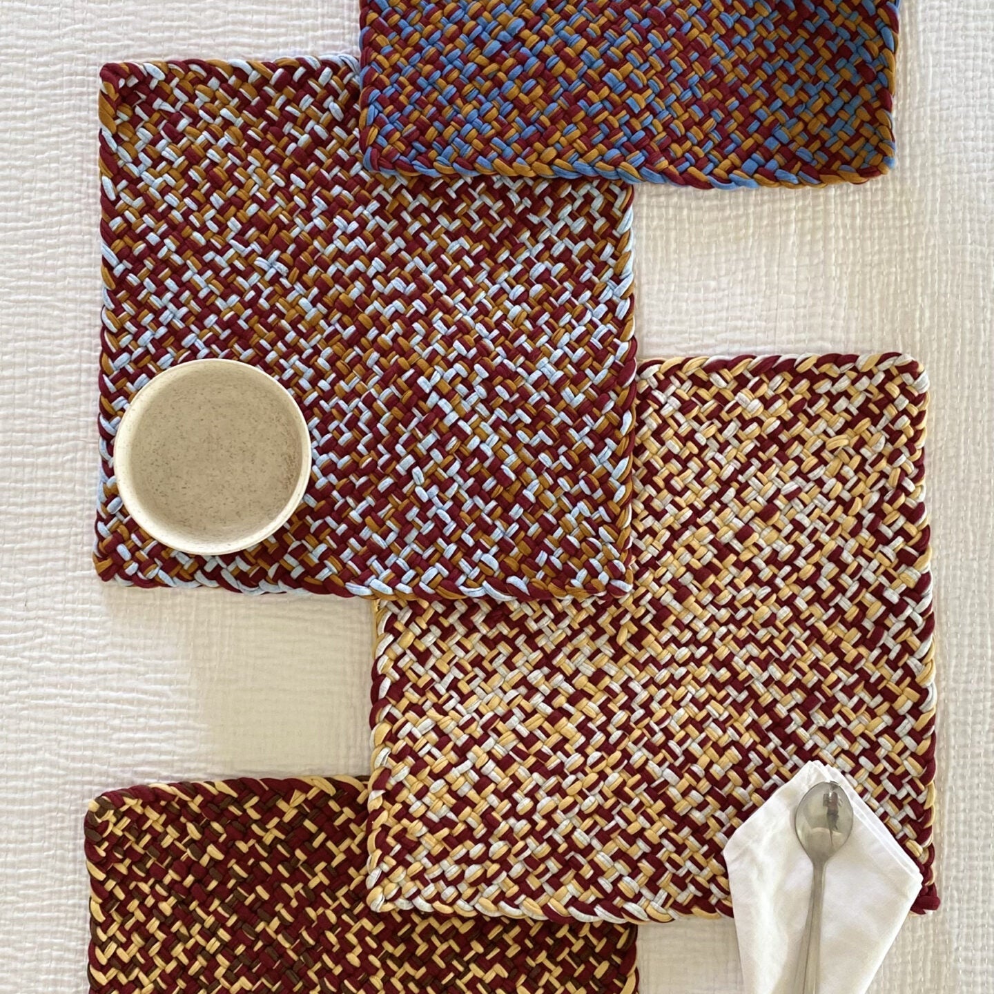 Image of Set of 4 Hand-Woven Square Placemats / Dining Mats Blue Brown Maroon Light Grey