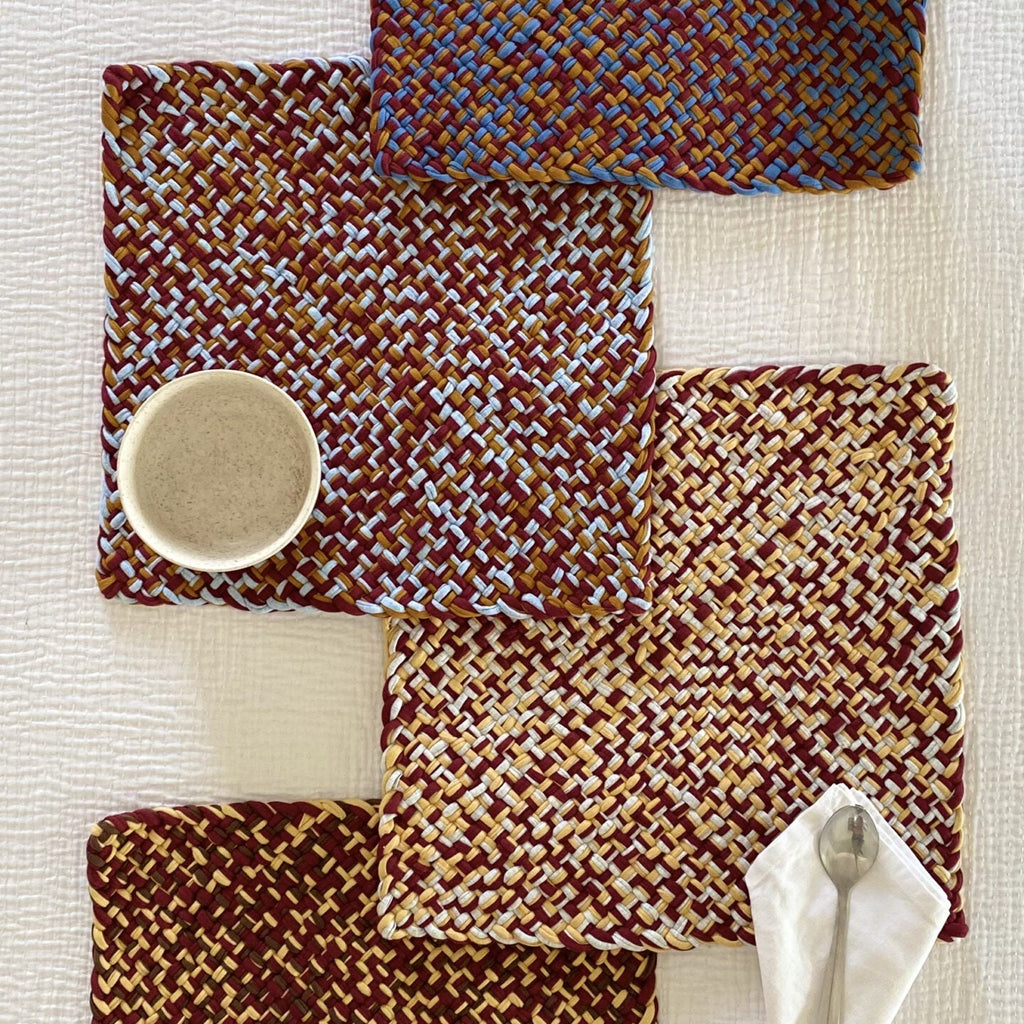Set of 4 Hand-Woven Square Placemats / Dining Mats Blue Brown Maroon Light Grey
