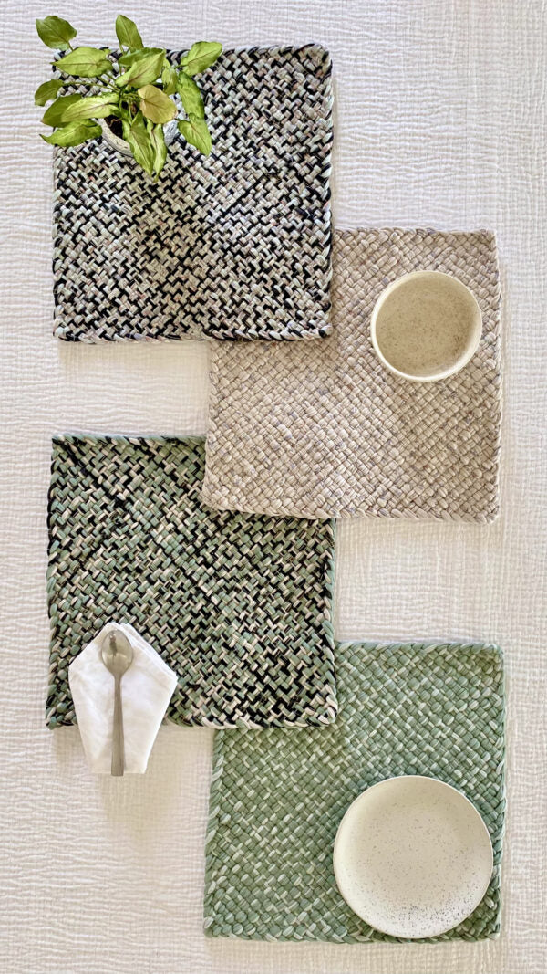 Image of Set of 4 Hand-Woven Square Placemats / Dining Mats Mint Teal Charcoal Silver Grey