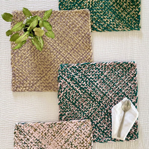 Image of Set of 4 Hand-Woven Square Placemats / Dining Mats Green Blush Light Pink