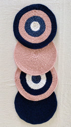 Set of 4 Round Crochet Placemats / Dining Mats Pink Navy