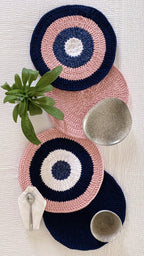 Set of 4 Round Crochet Placemats / Dining Mats Pink Navy