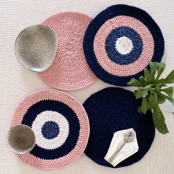 Image of Set of 4 Round Crochet Placemats / Dining Mats Pink Navy
