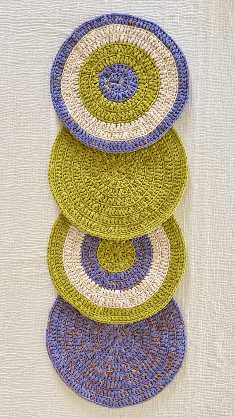 Image of Set of 4 Round Crochet Placemats / Dining Mats Blue Lime Purple