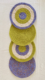 Set of 4 Round Crochet Placemats / Dining Mats Blue Lime Purple