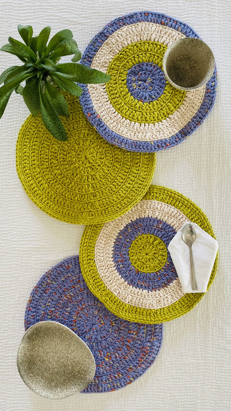 Image of Set of 4 Round Crochet Placemats / Dining Mats Blue Lime Purple