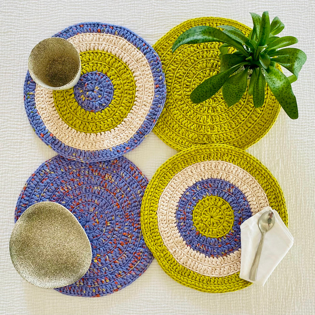 Set of 4 Round Crochet Placemats / Dining Mats Blue Lime Purple