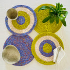 Set of 4 Round Crochet Placemats / Dining Mats Blue Lime Purple