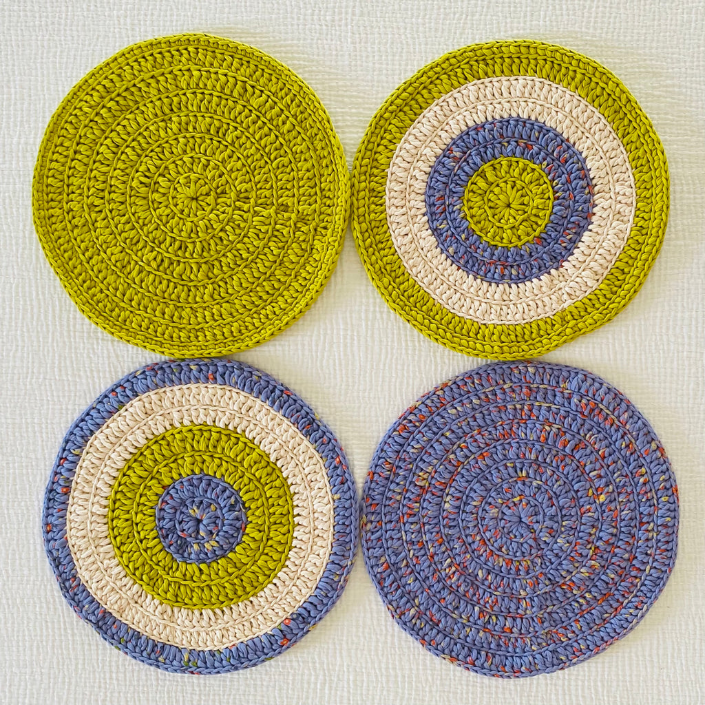 Set of 4 Round Crochet Placemats / Dining Mats Blue Lime Purple