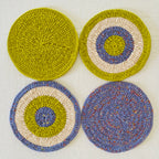 Set of 4 Round Crochet Placemats / Dining Mats Blue Lime Purple